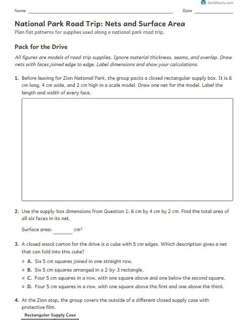 National Park Road Trip: Nets and Surface Area worksheet preview