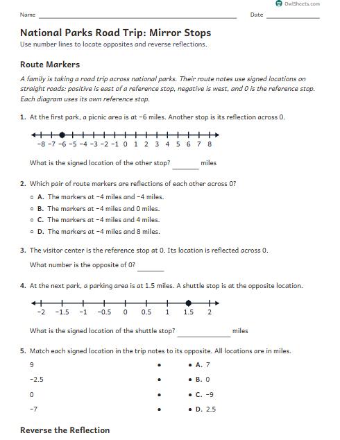 National Parks Road Trip: Mirror Stops worksheet preview