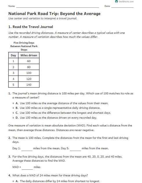 National Park Road Trip: Beyond the Average worksheet preview