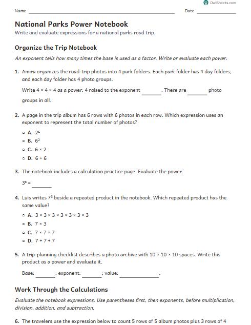 National Parks Power Notebook worksheet preview