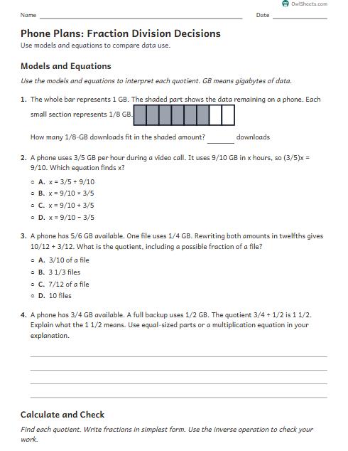 Phone Plans: Fraction Division Decisions worksheet preview