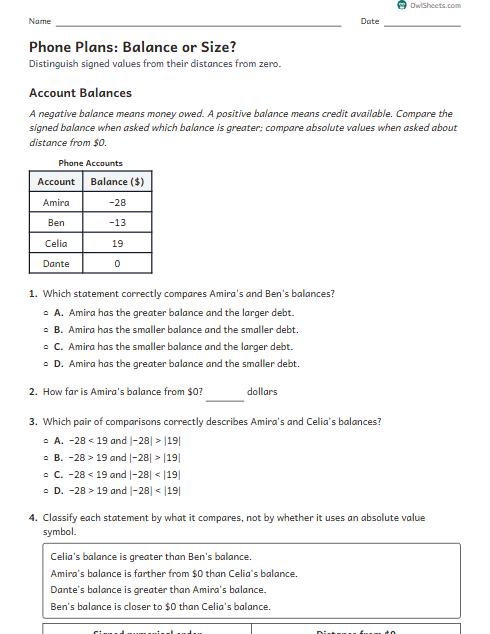 Phone Plans: Balance or Size? worksheet preview