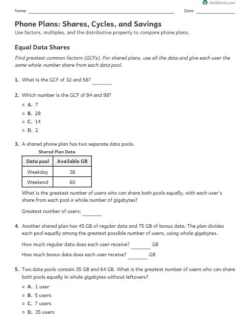 Phone Plans: Shares, Cycles, and Savings worksheet preview