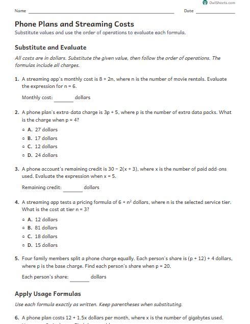Phone Plans and Streaming Costs worksheet preview