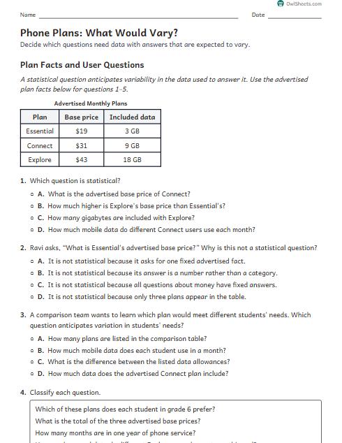 Phone Plans: What Would Vary? worksheet preview