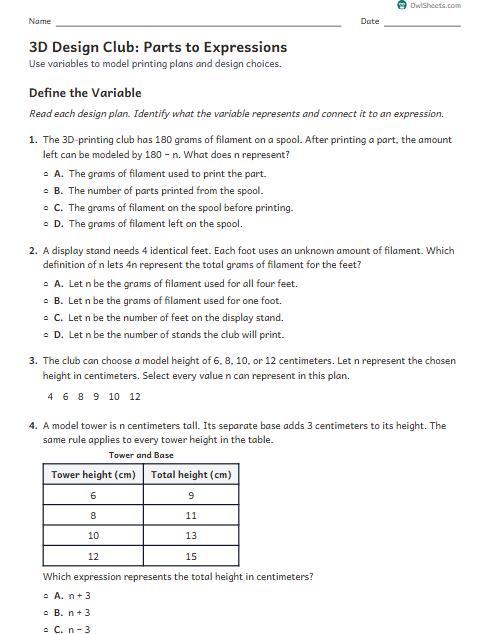 3D Design Club: Parts to Expressions worksheet preview