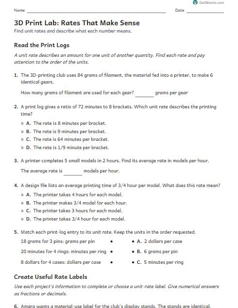 3D Print Lab: Rates That Make Sense worksheet preview