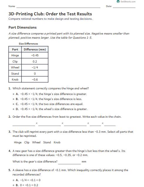 3D-Printing Club: Order the Test Results worksheet preview