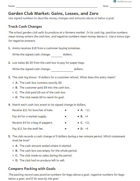 Garden Club Market: Gains, Losses, and Zero worksheet preview