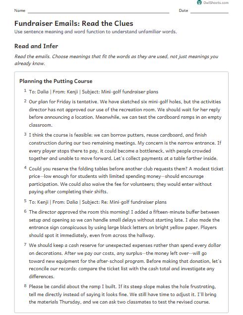 Fundraiser Emails: Read the Clues worksheet preview