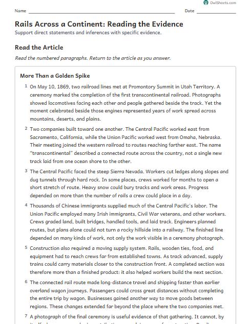 Rails Across a Continent: Reading the Evidence worksheet preview