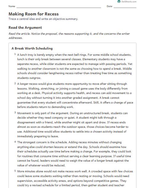 Making Room for Recess worksheet preview