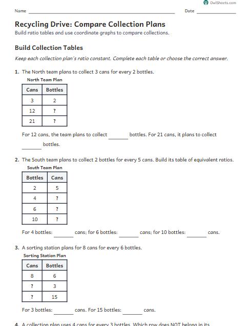 Recycling Drive: Compare Collection Plans worksheet preview