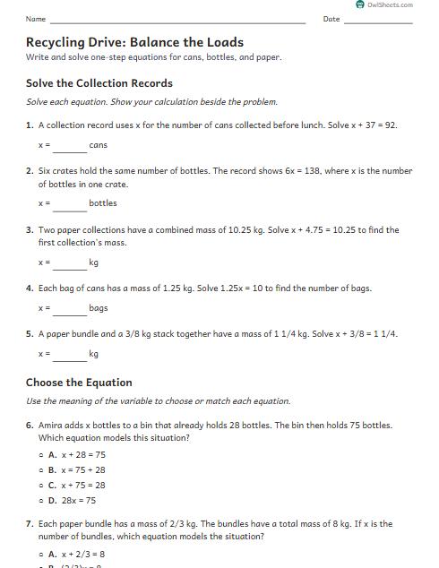 Recycling Drive: Balance the Loads worksheet preview