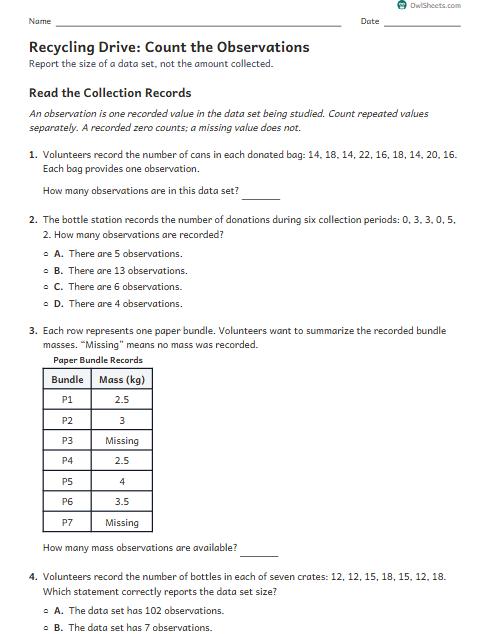 Recycling Drive: Count the Observations worksheet preview