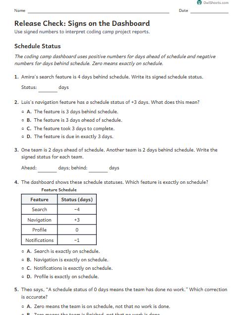 Release Check: Signs on the Dashboard worksheet preview