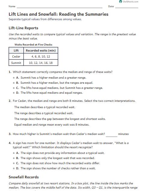 Lift Lines and Snowfall: Reading the Summaries worksheet preview