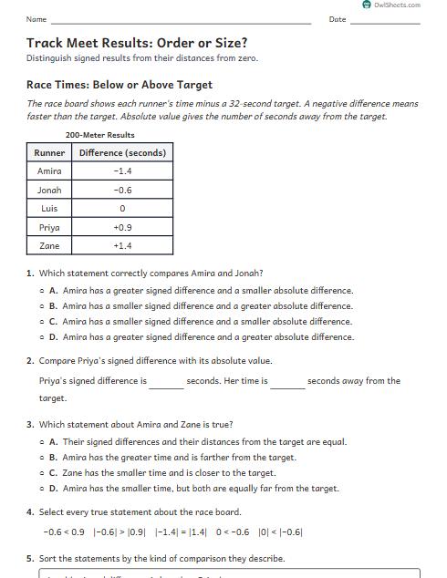 Track Meet Results: Order or Size? worksheet preview