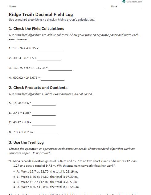 Ridge Trail: Decimal Field Log worksheet preview