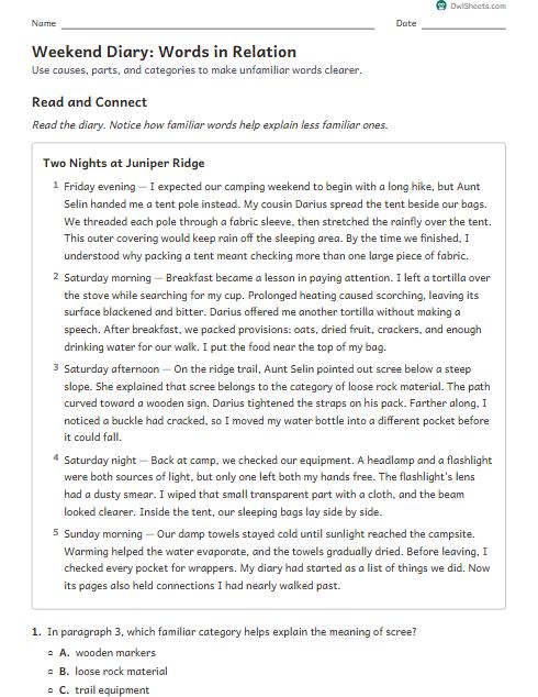 Weekend Diary: Words in Relation worksheet preview