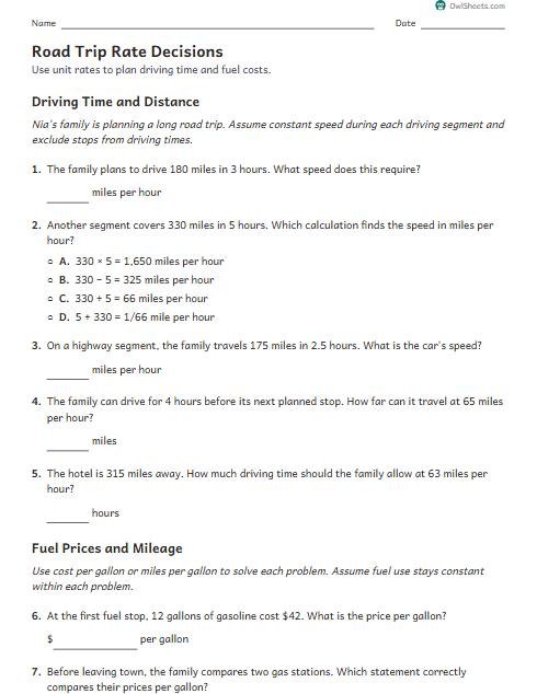 Road Trip Rate Decisions worksheet preview