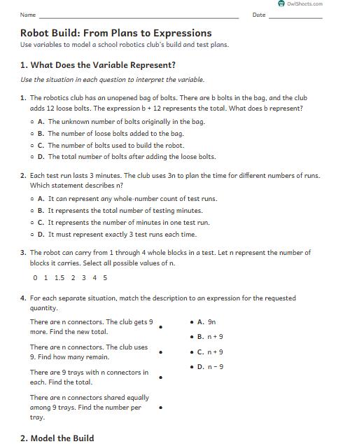Robot Build: From Plans to Expressions worksheet preview