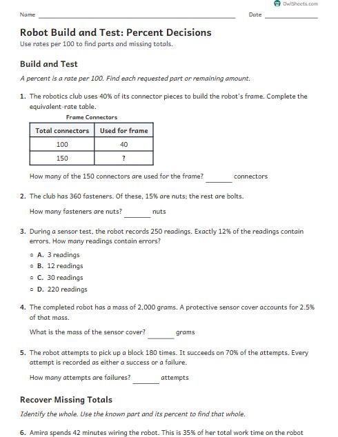 Robot Build and Test: Percent Decisions worksheet preview