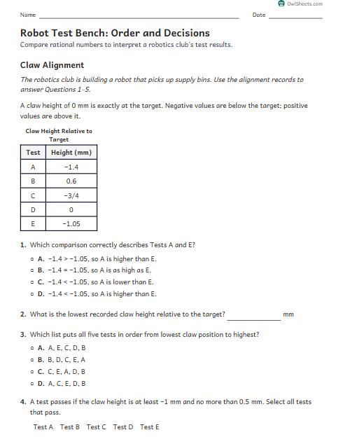 Robot Test Bench: Order and Decisions worksheet preview