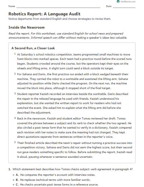 Robotics Report: A Language Audit worksheet preview