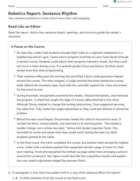 Robotics Report: Sentence Rhythm worksheet preview