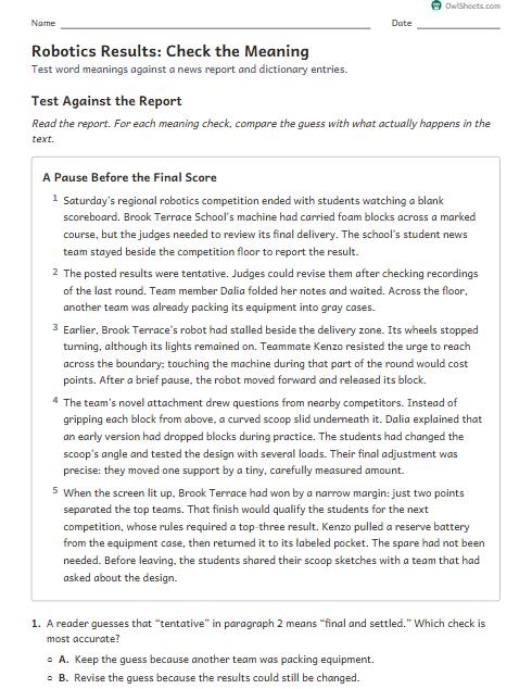 Robotics Results: Check the Meaning worksheet preview