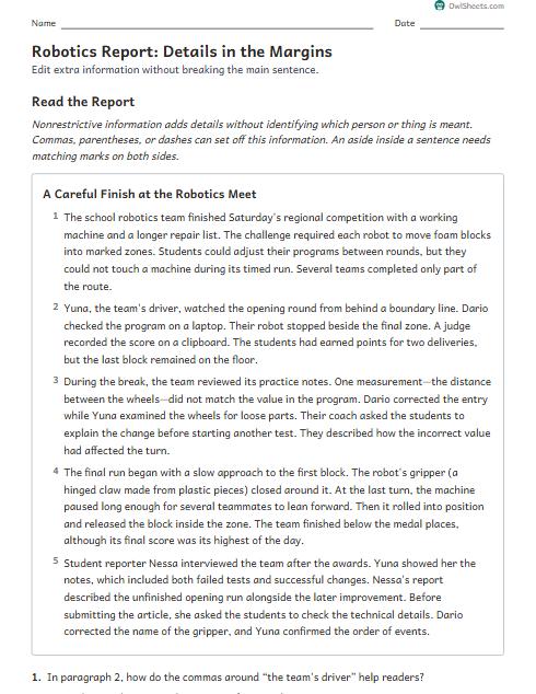 Robotics Report: Details in the Margins worksheet preview