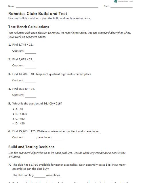 Robotics Club: Build and Test worksheet preview
