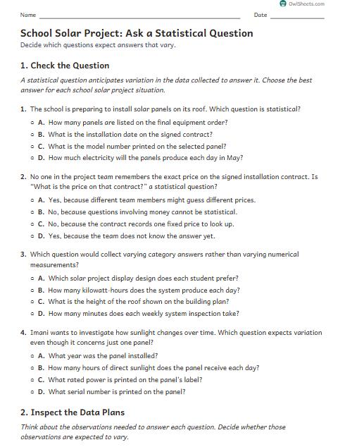 School Solar Project: Ask a Statistical Question worksheet preview