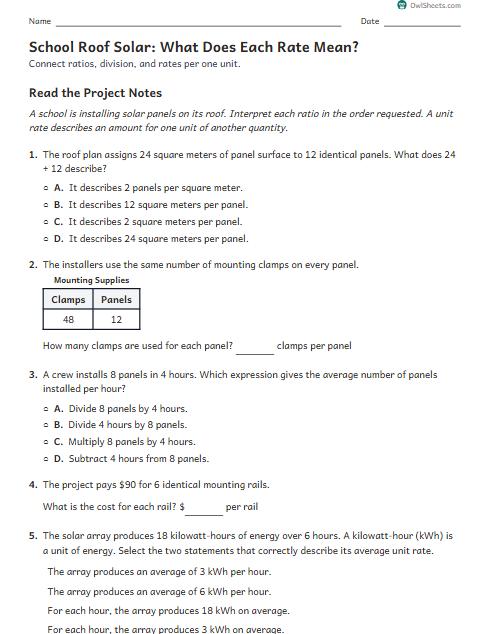 School Roof Solar: What Does Each Rate Mean? worksheet preview
