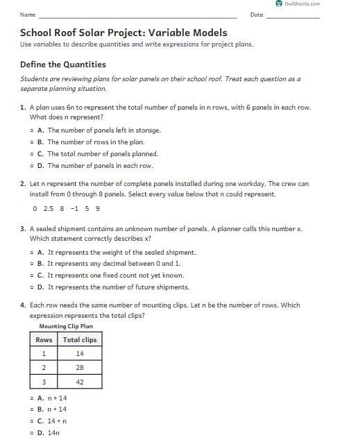 School Roof Solar Project: Variable Models worksheet preview