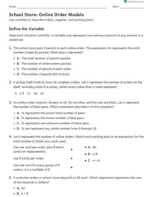 School Store: Online Order Models worksheet preview