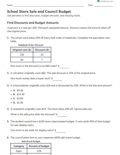 School Store Sale and Council Budget worksheet preview
