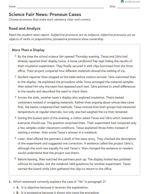 Science Fair News: Pronoun Cases worksheet preview