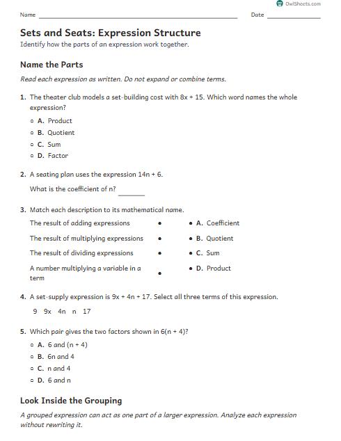 Sets and Seats: Expression Structure worksheet preview