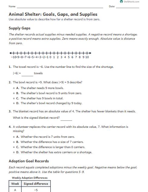 Animal Shelter: Goals, Gaps, and Supplies worksheet preview