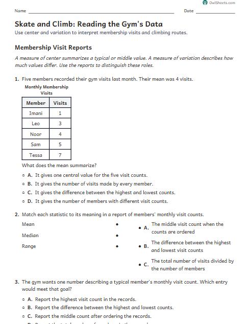 Skate and Climb: Reading the Gym's Data worksheet preview