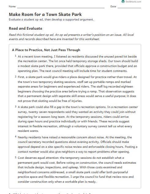 Make Room for a Town Skate Park worksheet preview