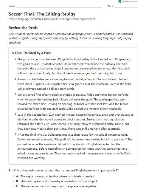 Soccer Final: The Editing Replay worksheet preview