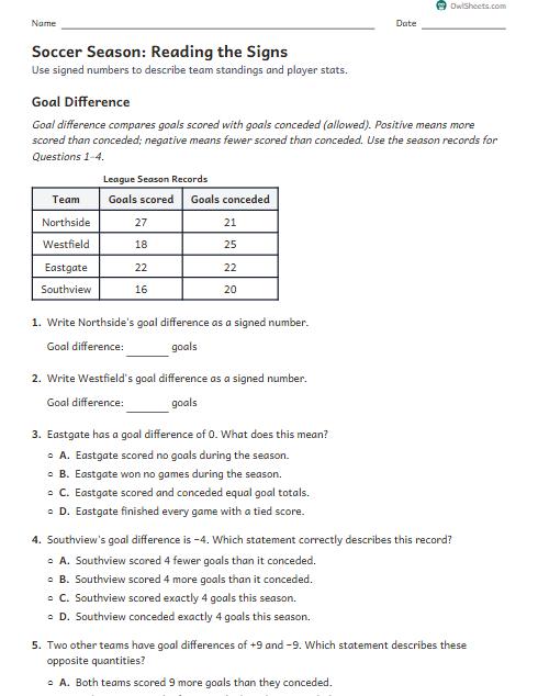 Soccer Season: Reading the Signs worksheet preview