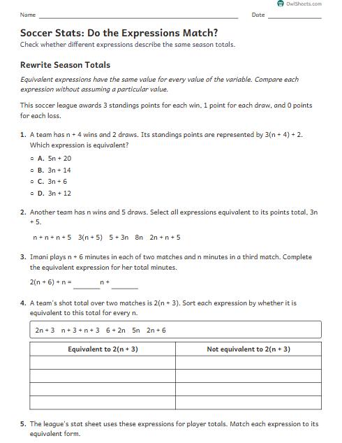 Soccer Stats: Do the Expressions Match? worksheet preview