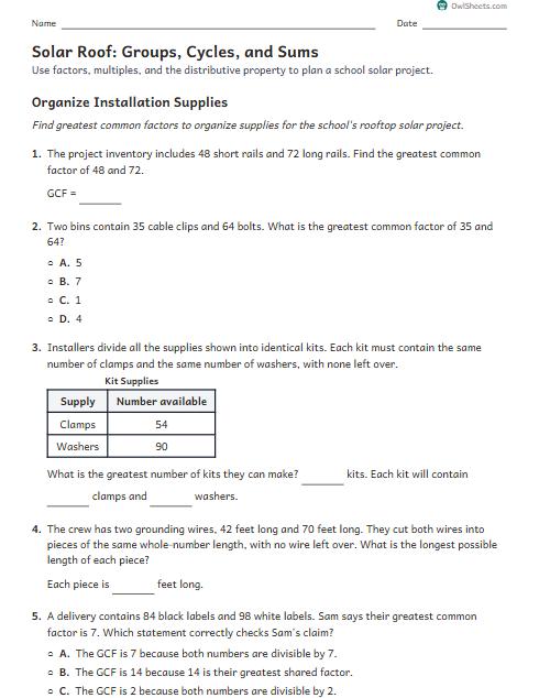 Solar Roof: Groups, Cycles, and Sums worksheet preview