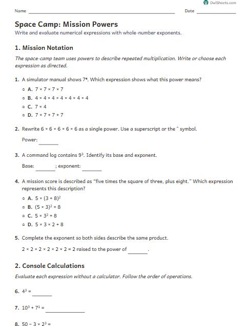 Space Camp: Mission Powers worksheet preview