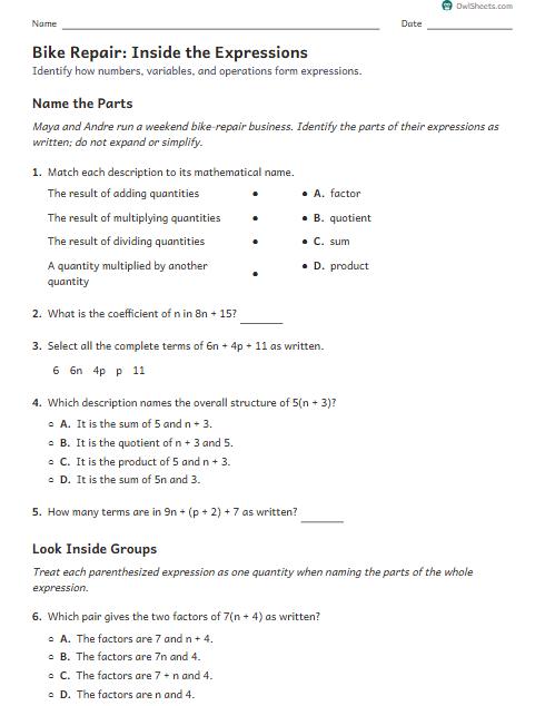 Bike Repair: Inside the Expressions worksheet preview