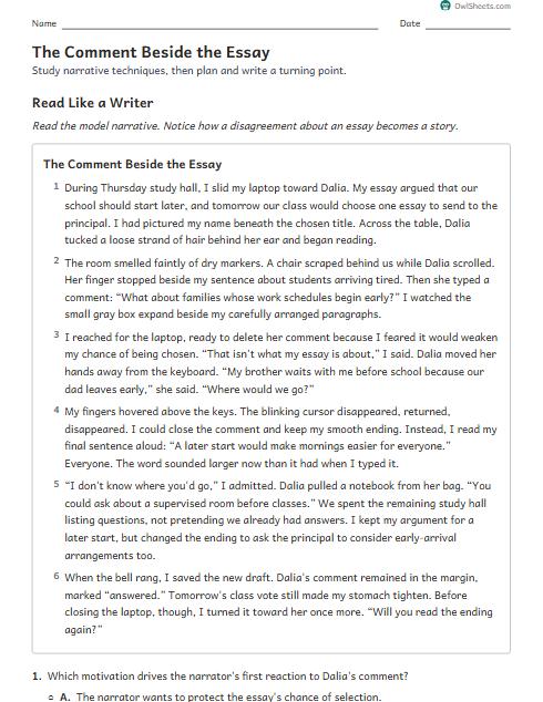 The Comment Beside the Essay worksheet preview